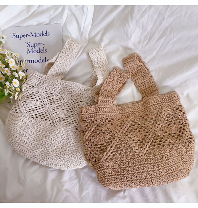 Openwork Cotton Crochet Bucket Bag with Wide Handles