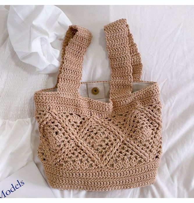 Openwork Cotton Crochet Bucket Bag with Wide Handles