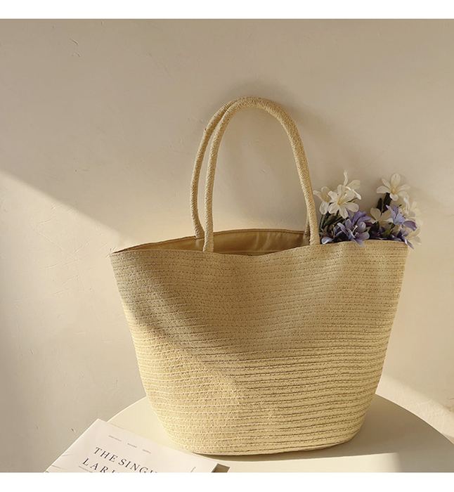 Wide Woven Straw Tote with Rounded Matching Handles