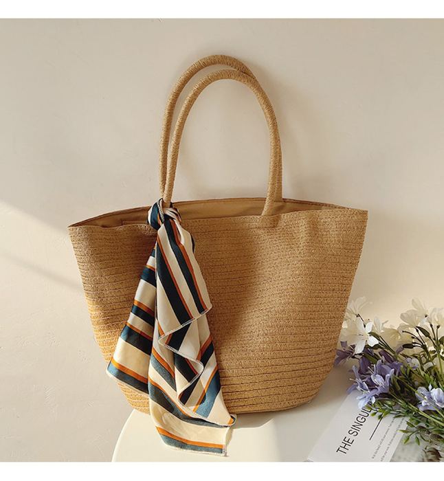 Wide Woven Straw Tote with Rounded Matching Handles