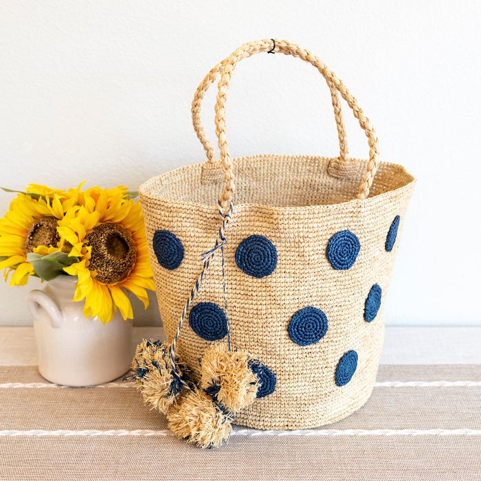 Blue Polka-Dot Raffia Tote with Braided Handles