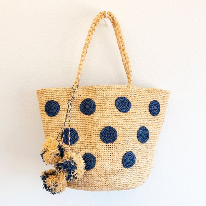 Blue Polka-Dot Raffia Tote with Braided Handles