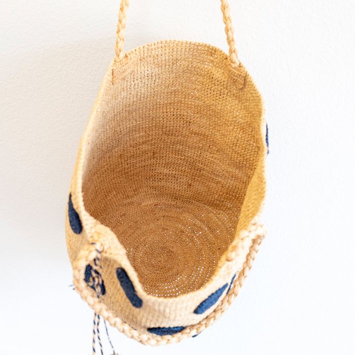 Blue Polka-Dot Raffia Tote with Braided Handles