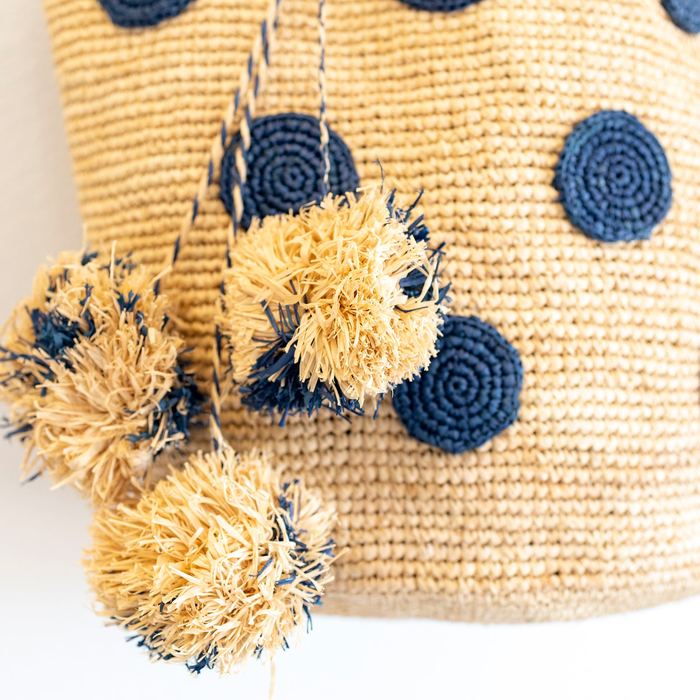 Blue Polka-Dot Raffia Tote with Braided Handles