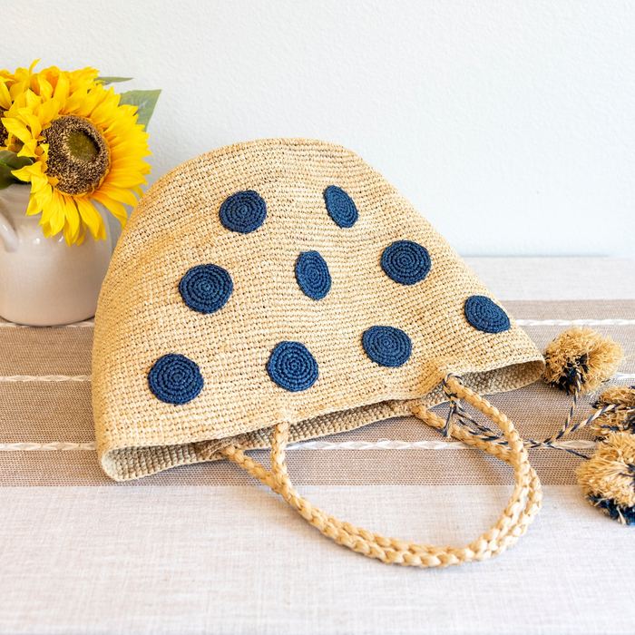 Blue Polka-Dot Raffia Tote with Braided Handles