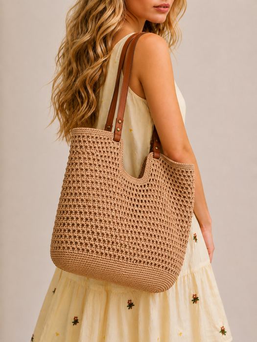 Oversized Cotton Knit Tote with Brown Handles