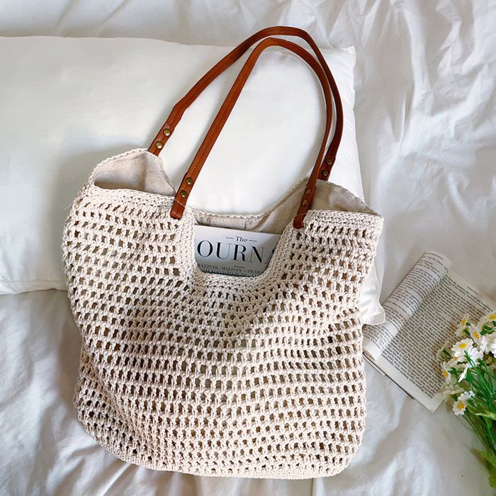 Oversized Cotton Knit Tote with Brown Handles