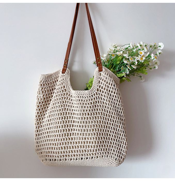 Oversized Cotton Knit Tote with Brown Handles