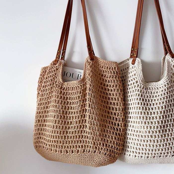 Oversized Cotton Knit Tote with Brown Handles