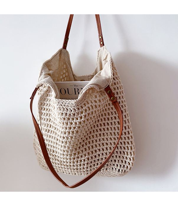 Oversized Cotton Knit Tote with Brown Handles