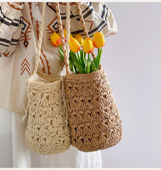Floral Openwork Straw Bucket Shoulder Bag