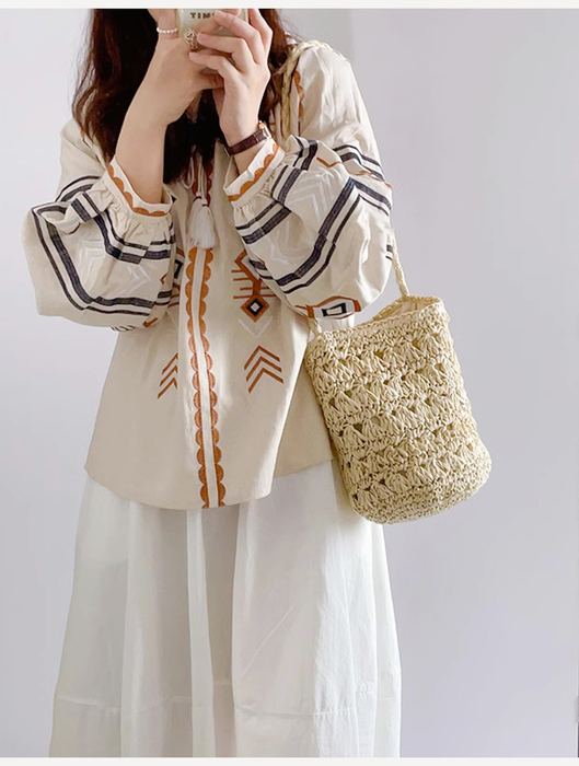Floral Openwork Straw Bucket Shoulder Bag