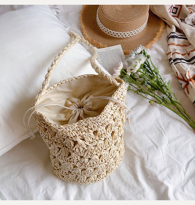 Floral Openwork Straw Bucket Shoulder Bag