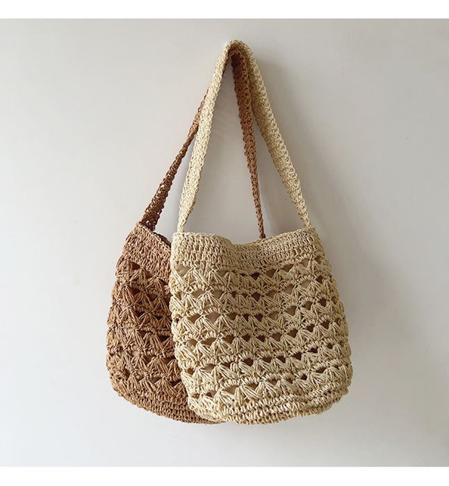 Openwork Straw Bucket Shoulder Bag with Rounded Base