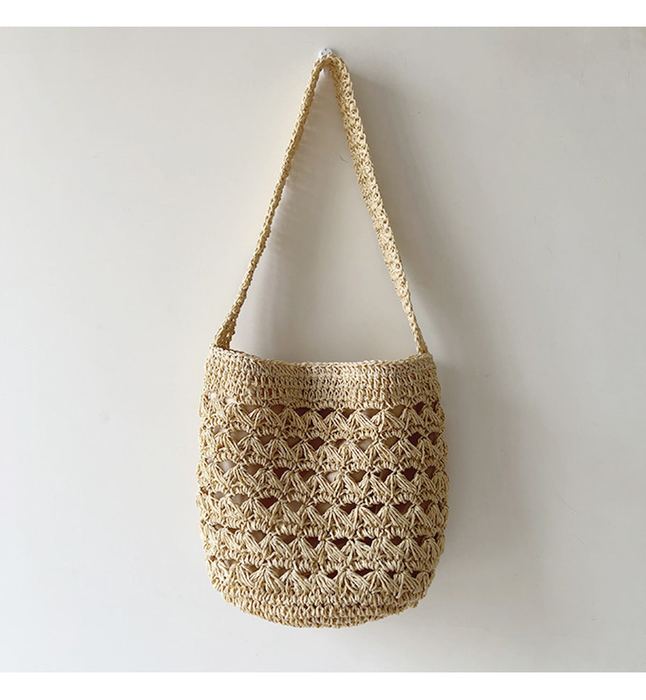 Openwork Straw Bucket Shoulder Bag with Rounded Base