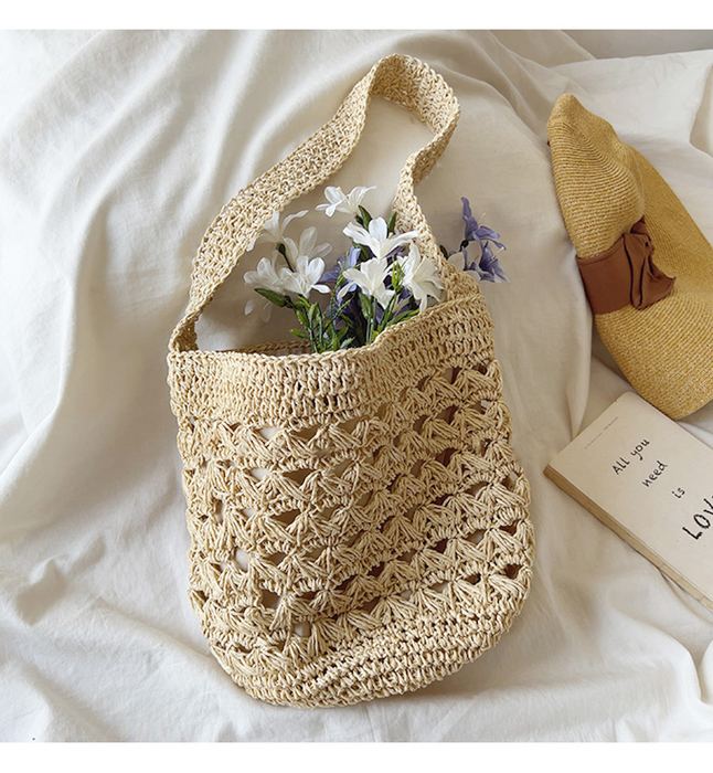 Openwork Straw Bucket Shoulder Bag with Rounded Base