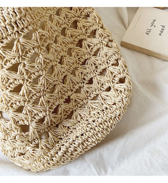Openwork Straw Bucket Shoulder Bag with Rounded Base