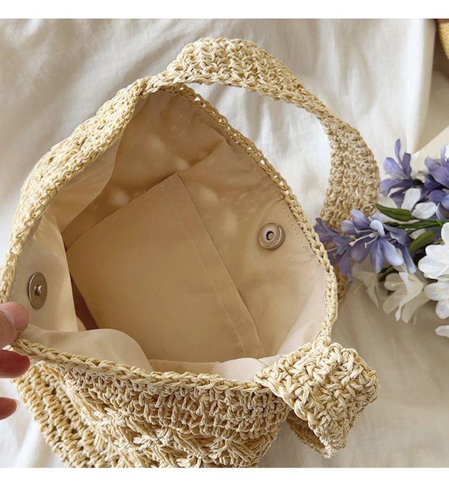 Openwork Straw Bucket Shoulder Bag with Rounded Base