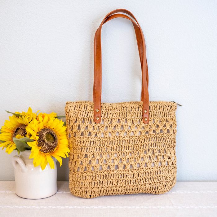 Patterned Woven Straw Tote with Long Handles