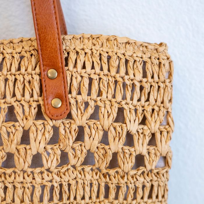 Patterned Woven Straw Tote with Long Handles