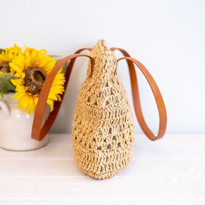 Patterned Woven Straw Tote with Long Handles