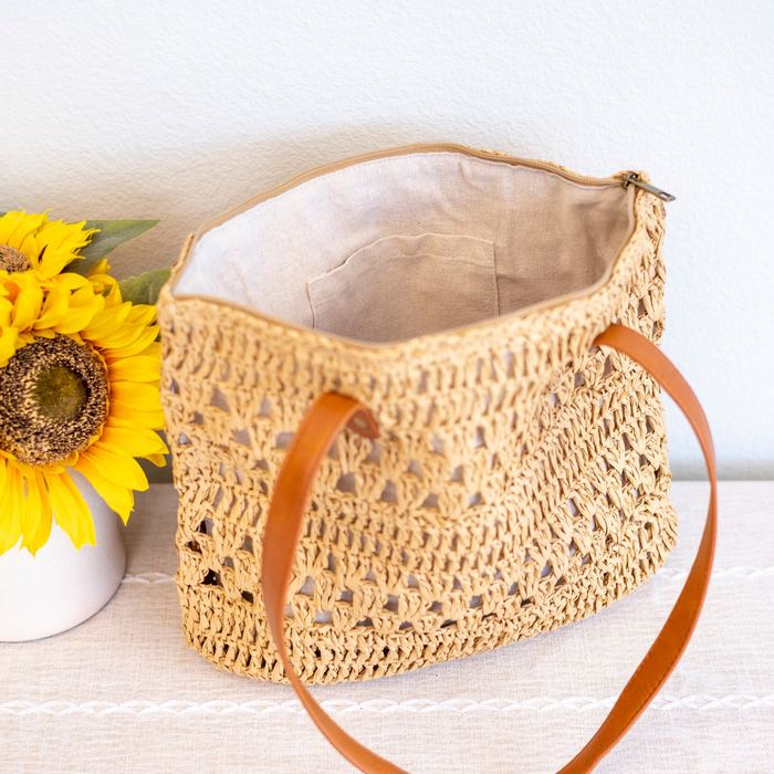 Patterned Woven Straw Tote with Long Handles