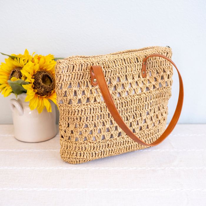 Patterned Woven Straw Tote with Long Handles