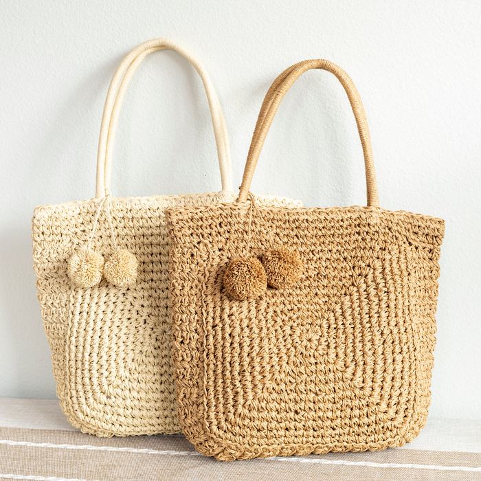 Square-Spiral Straw Shoulder Tote with Pom-Poms