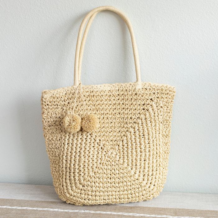 Square-Spiral Straw Shoulder Tote with Pom-Poms