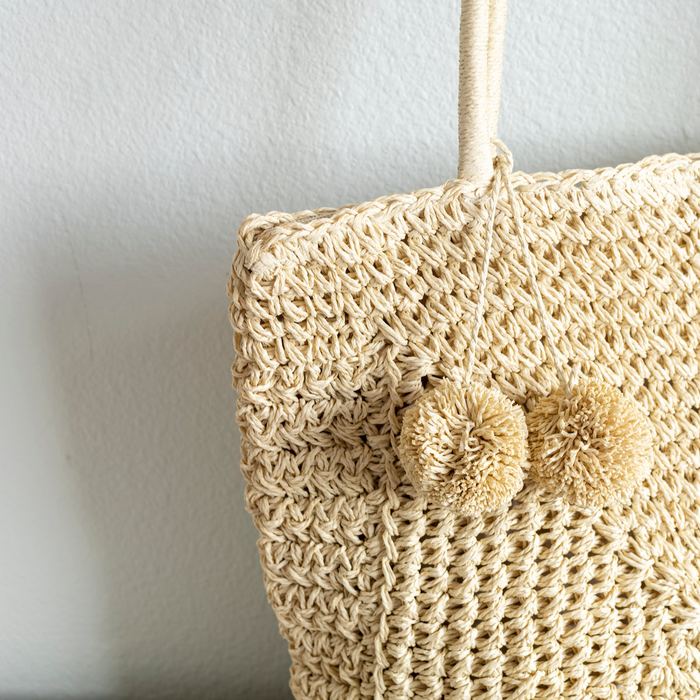 Square-Spiral Straw Shoulder Tote with Pom-Poms