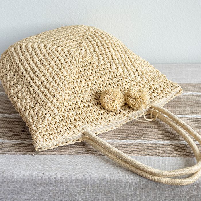 Square-Spiral Straw Shoulder Tote with Pom-Poms