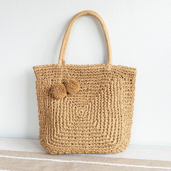 Square-Spiral Straw Shoulder Tote with Pom-Poms