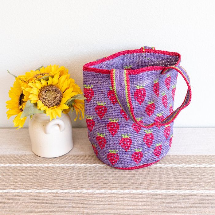 Strawberry-Pattern Raffia Tote with Colorful Handles