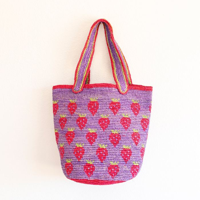 Strawberry-Pattern Raffia Tote with Colorful Handles