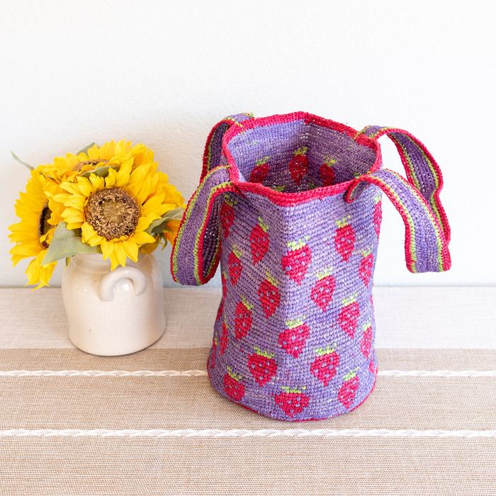 Strawberry-Pattern Raffia Tote with Colorful Handles