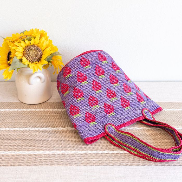 Strawberry-Pattern Raffia Tote with Colorful Handles
