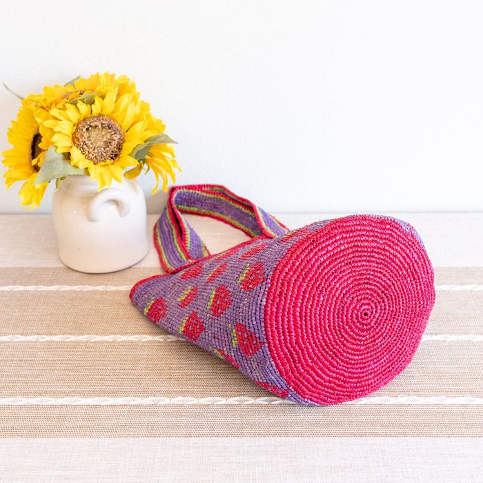 Strawberry-Pattern Raffia Tote with Colorful Handles