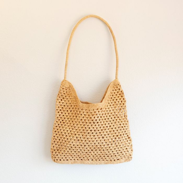 Open-Weave Raffia Shoulder Bag with Long Strap