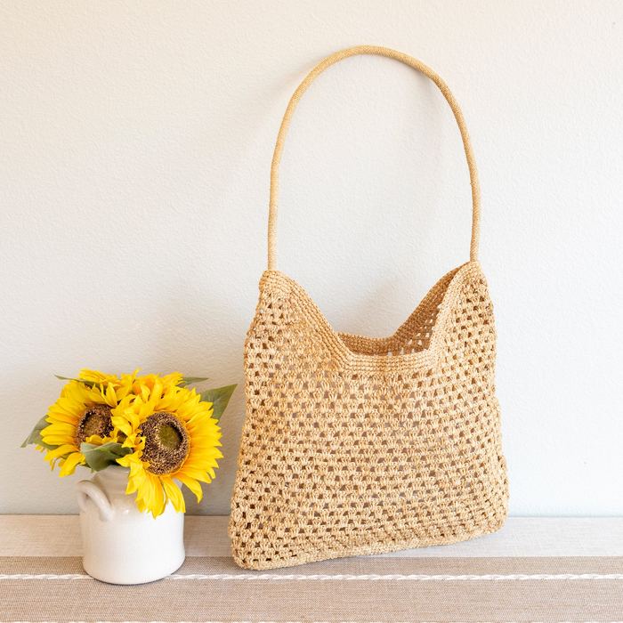 Open-Weave Raffia Shoulder Bag with Long Strap