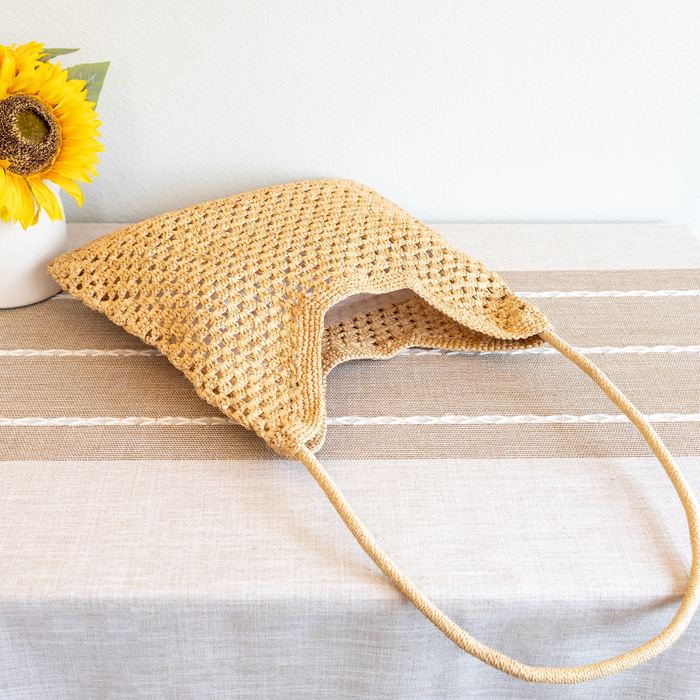 Open-Weave Raffia Shoulder Bag with Long Strap