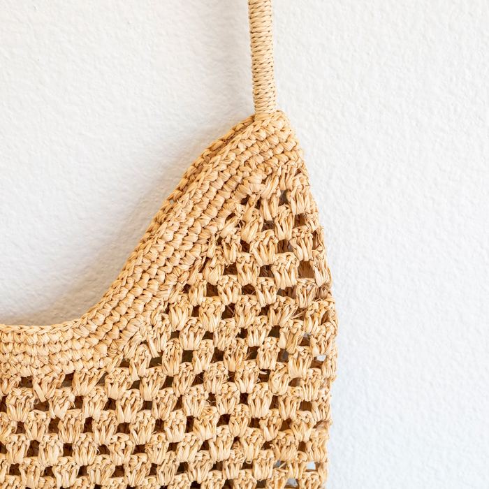 Open-Weave Raffia Shoulder Bag with Long Strap