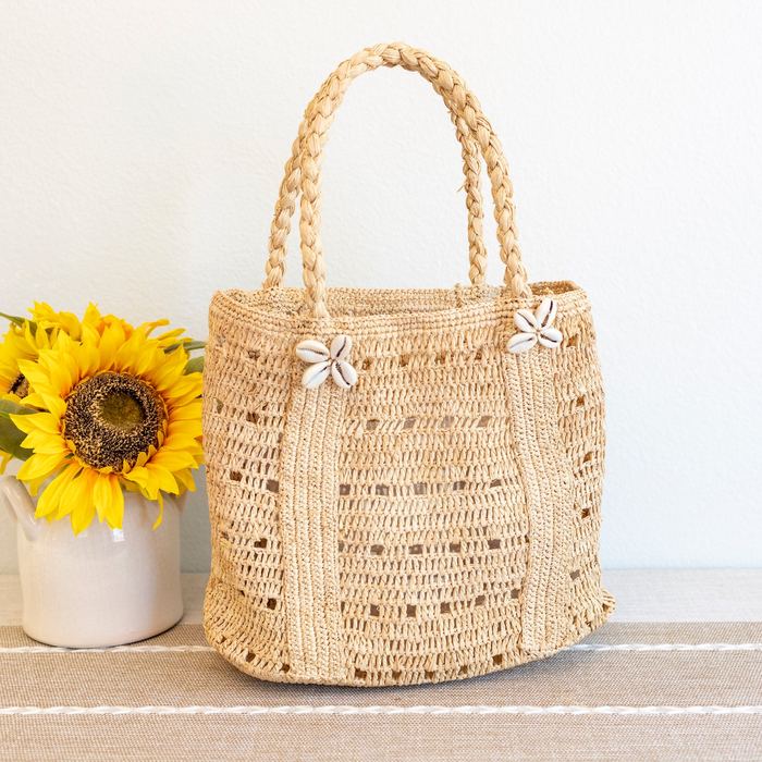 Raffia Basket Bag with Braided Handles and Floral Accents