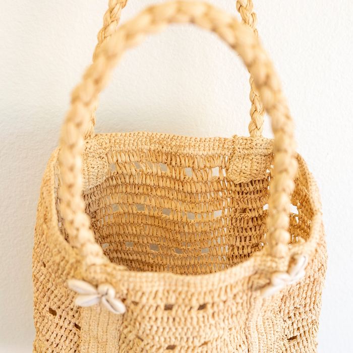 Raffia Basket Bag with Braided Handles and Floral Accents