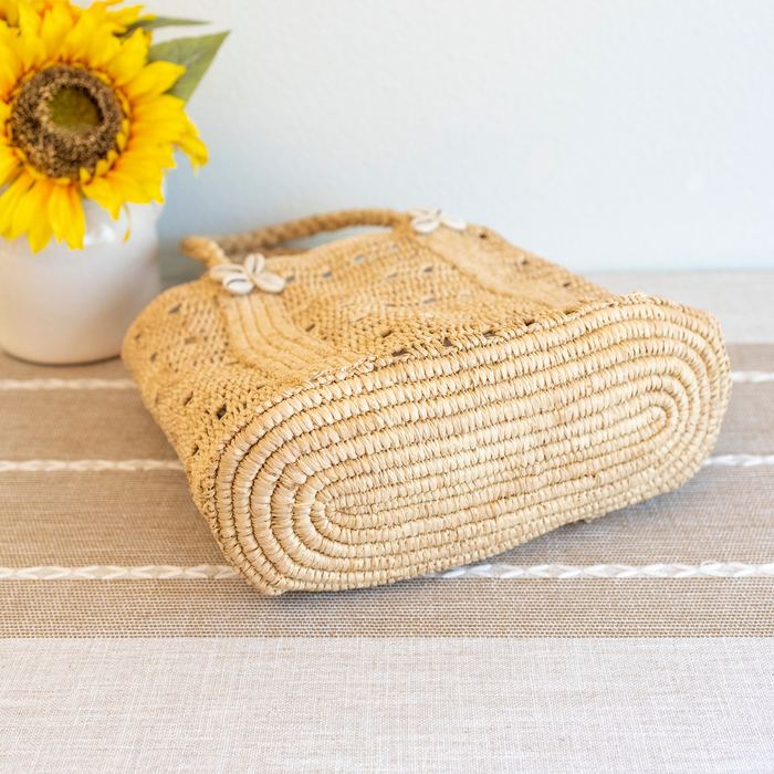 Raffia Basket Bag with Braided Handles and Floral Accents