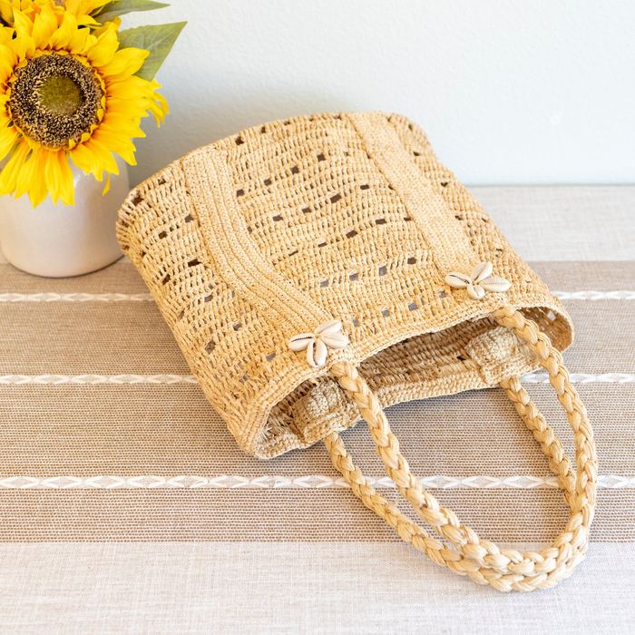 Raffia Basket Bag with Braided Handles and Floral Accents