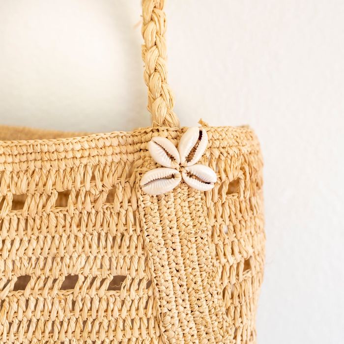 Raffia Basket Bag with Braided Handles and Floral Accents