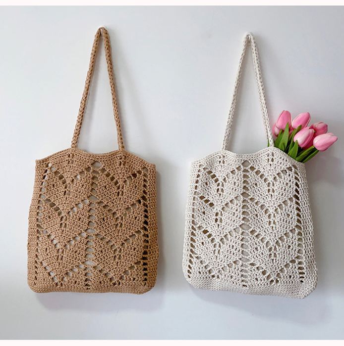Leaf-Pattern Cotton Knit Shoulder Tote
