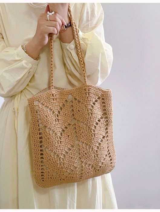 Leaf-Pattern Cotton Knit Shoulder Tote