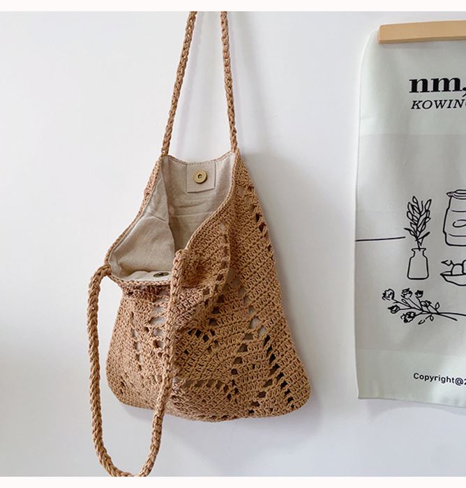 Leaf-Pattern Cotton Knit Shoulder Tote