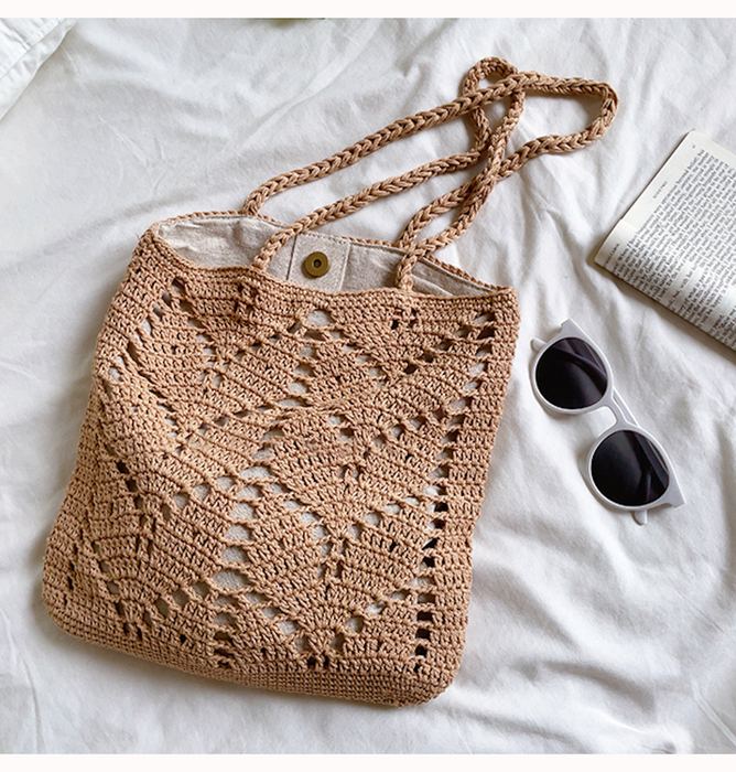 Leaf-Pattern Cotton Knit Shoulder Tote